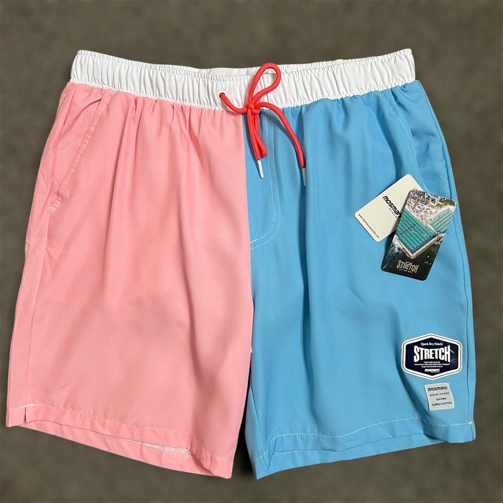 Mosmann Australia Swim Trunks LARGE 360 Flex Fit Shorts Colorblock Pink Blue NEW
